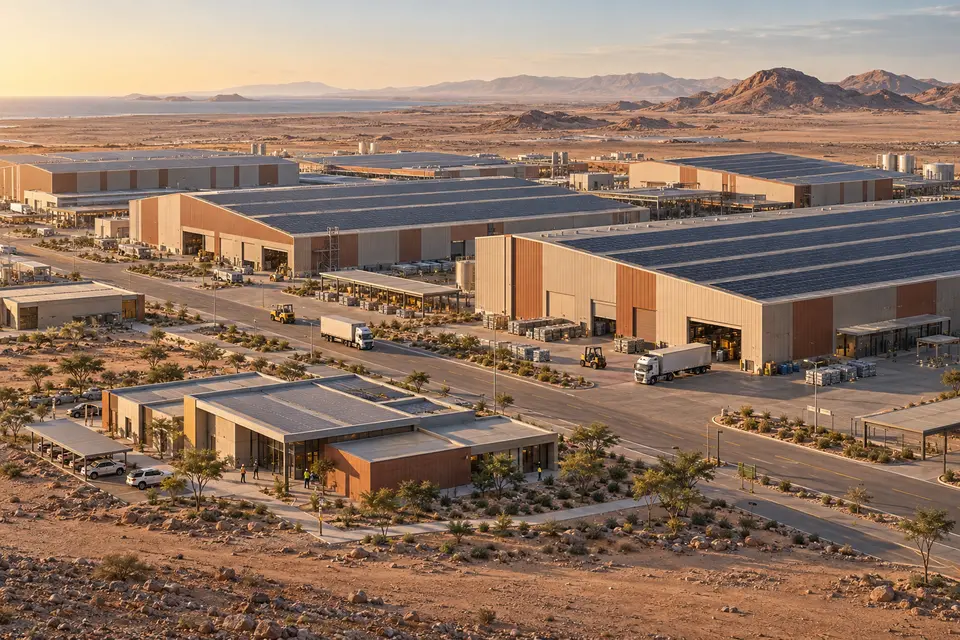 An artist’s impression of manufacturing buildings with solar roofs and climate-suited planting
