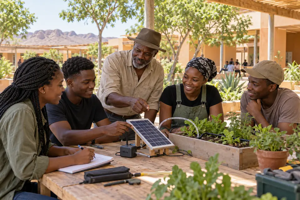 An imagined outdoor learning session with young adults and a mentor