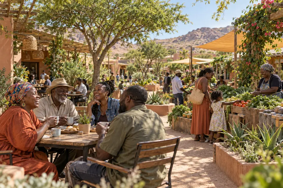 An imagined local market with people meeting under trees and shaded walkways
