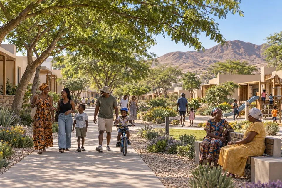 An imagined neighbourhood with people walking and cycling along shaded streets