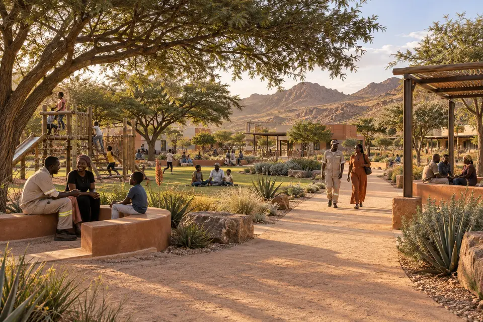An artist’s impression of planted public space in an arid landscape; not a photograph of Arandis today