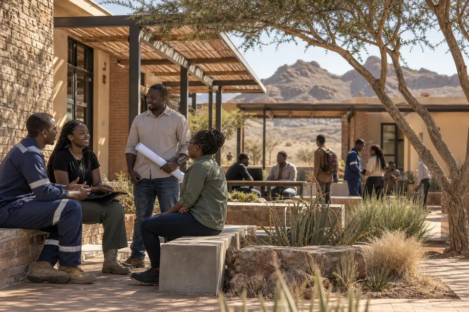 An imagined gathering of people in a shaded courtyard