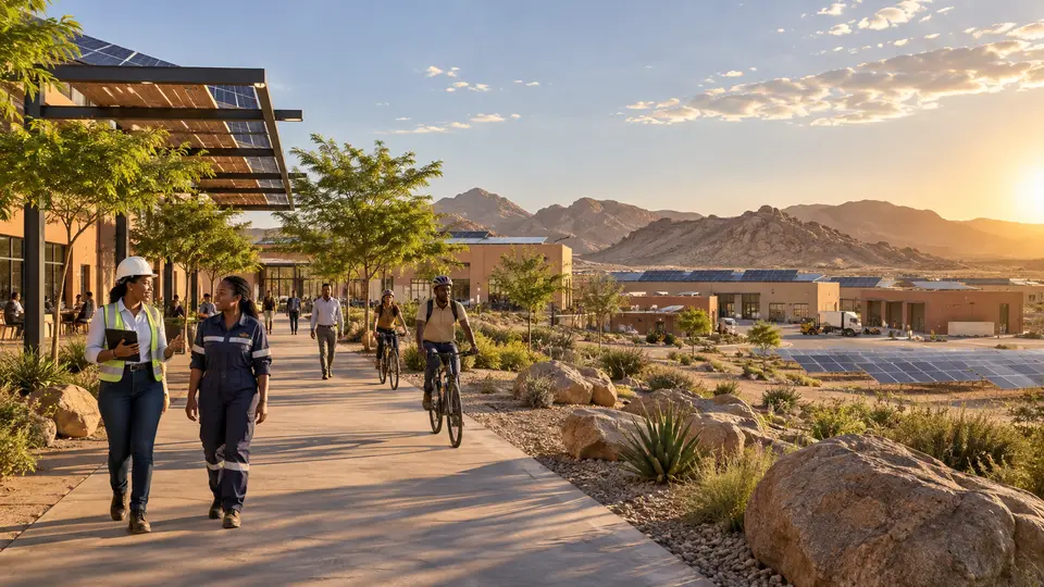 An artist’s impression of solar-roofed buildings and a shaded walking route
